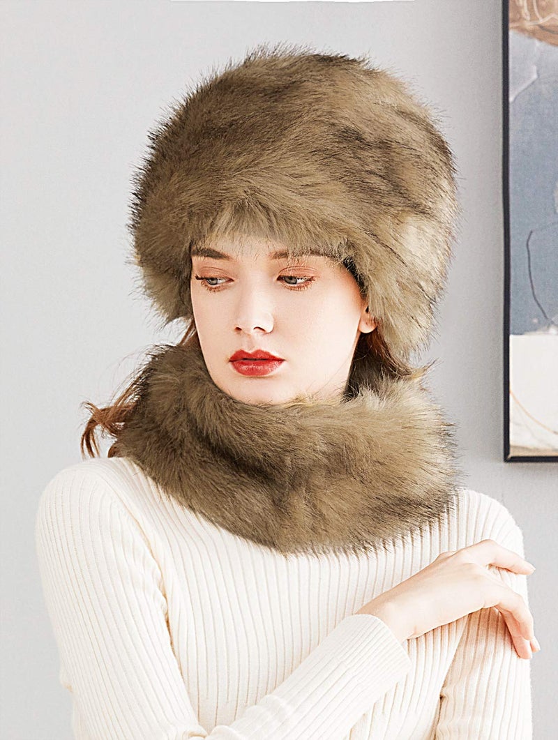 Lovful Faux Fur Women Russian Cossack Style Hat,Scarf Set for Ladies Winter,Camel - Image 2